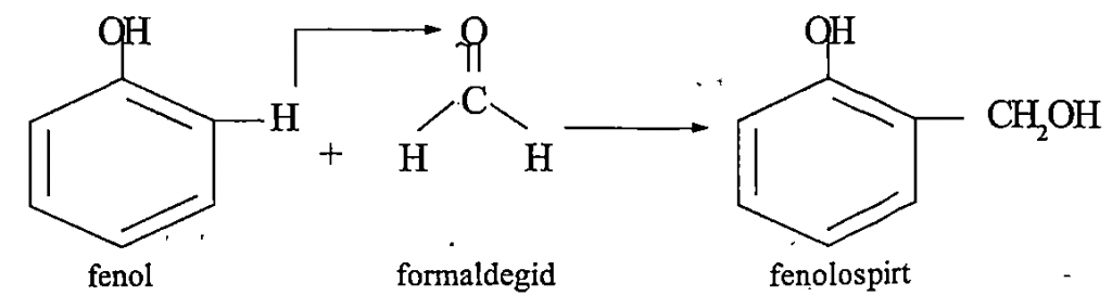 Polikondensatlanish jarayoniga fenol C6H5OH va formaldegid CH2O orasida boradigan reaksiya